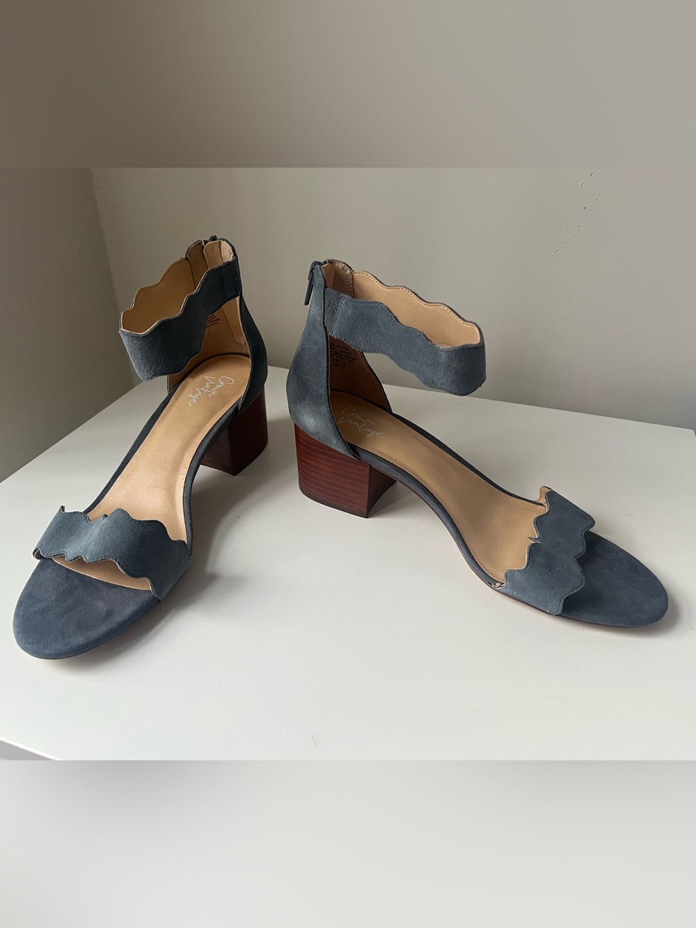 Crown Scalloped Ankle-Strap Block Heels - Slate